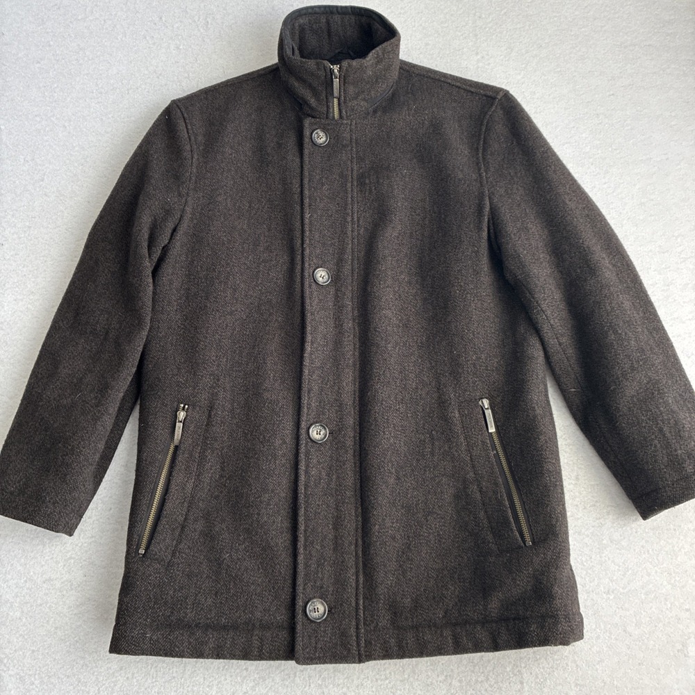 Jos A Bank Men's Brown Wool Blend Tweed Quilted Lining Car Coat Jacket Small Big